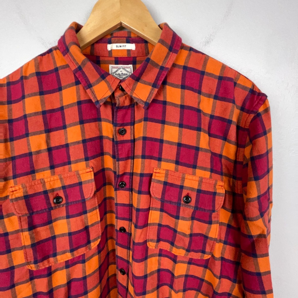 Lucky Brand Shirt Mens XL Orange Red Plaid Flannel Slim Fit Soft